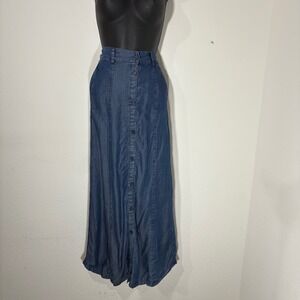 VTG Denim Maxi Skirt Button Front Pockets Cottagecore Prairie Blue Size 10